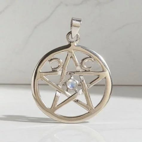 Sterling Silver Rainbow Moonstone Triple Moon Pentacle Pendant